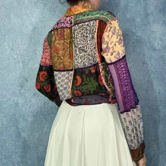 100% Silk Bohemian Patchwork Button Down Shirt - Picture 2 of 3